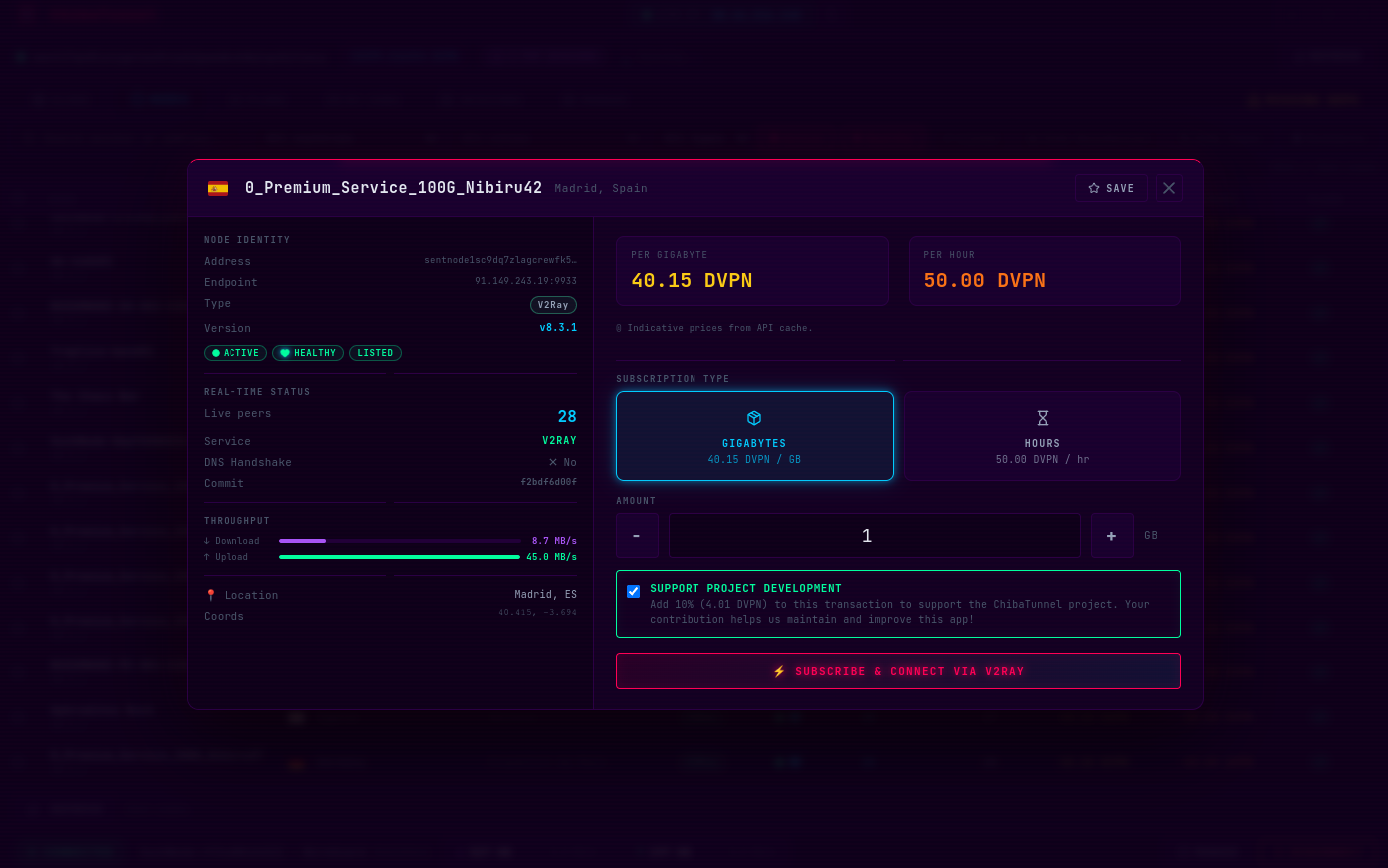 ChibaTunnel connection screen with data and time billing options