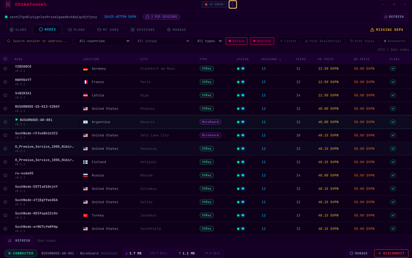 ChibaTunnel node selection screen showing global dVPN nodes