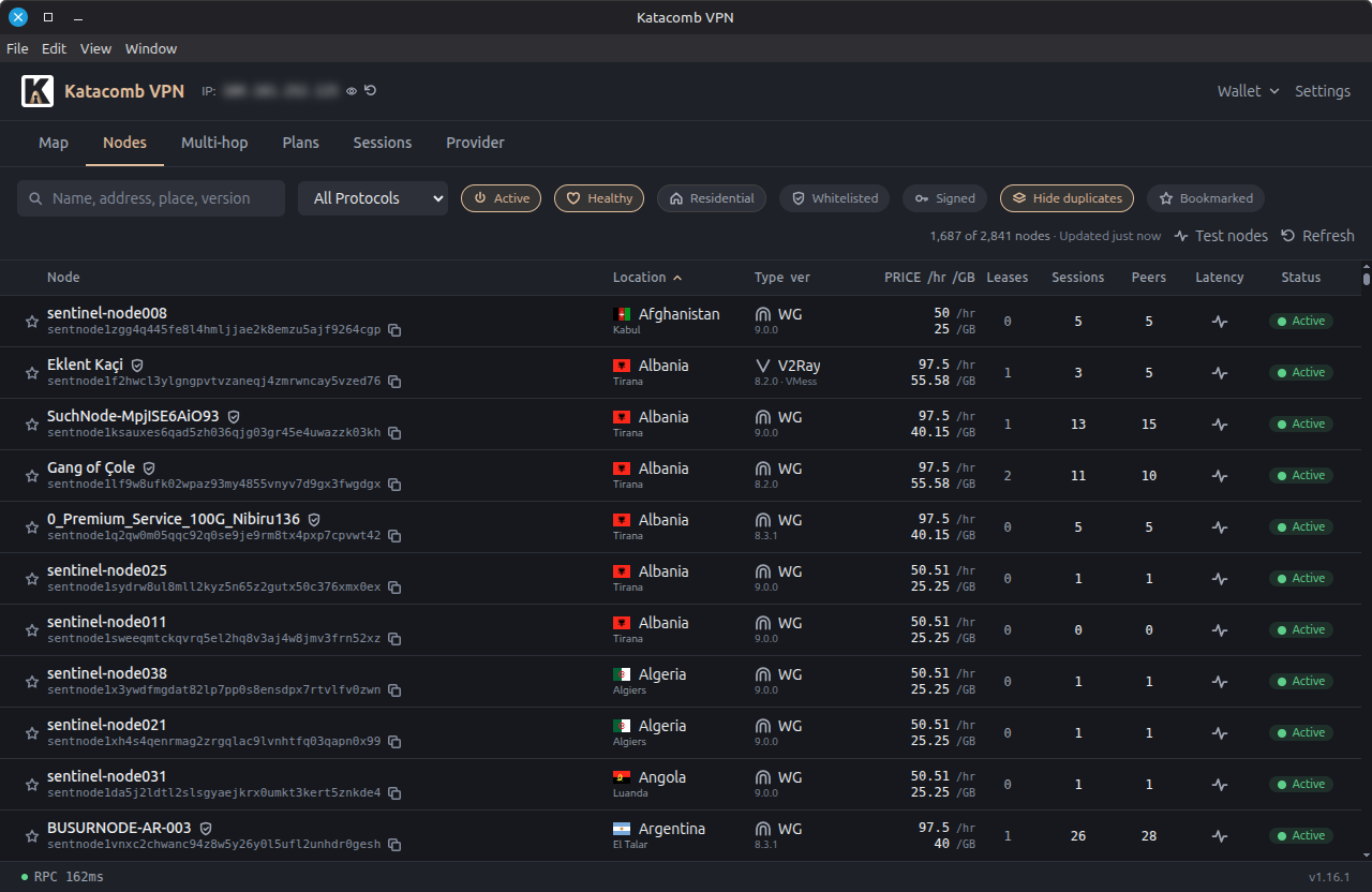 Katacomb VPN node table listing the whole network with per-GB and per-hour prices