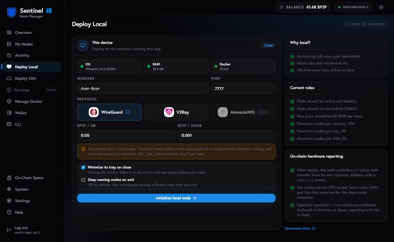 Sentinel node explorer interface listing peer nodes